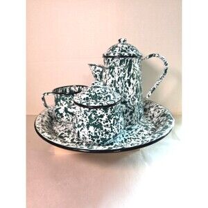 Vintage 6 Pc. Green & White Swirl Enamelware Set Coffee Pot Tray Sugar Creamer
